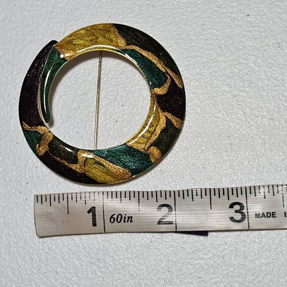 Vintage Tribal Hand Painted Statement Brooch Swirl Glitter Gold Green Jewelry - Picture 4 of 4